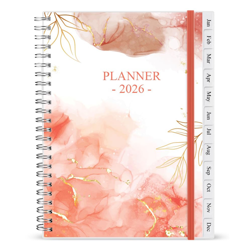 2026 Diary, A5 Weekly Planner with Monthly Tabs, January 2026 - December 2026, Back Pocket, Planner 2026 with Elastic Closure, Flexible Cover, 14.8×21cm, Rose Watercolor