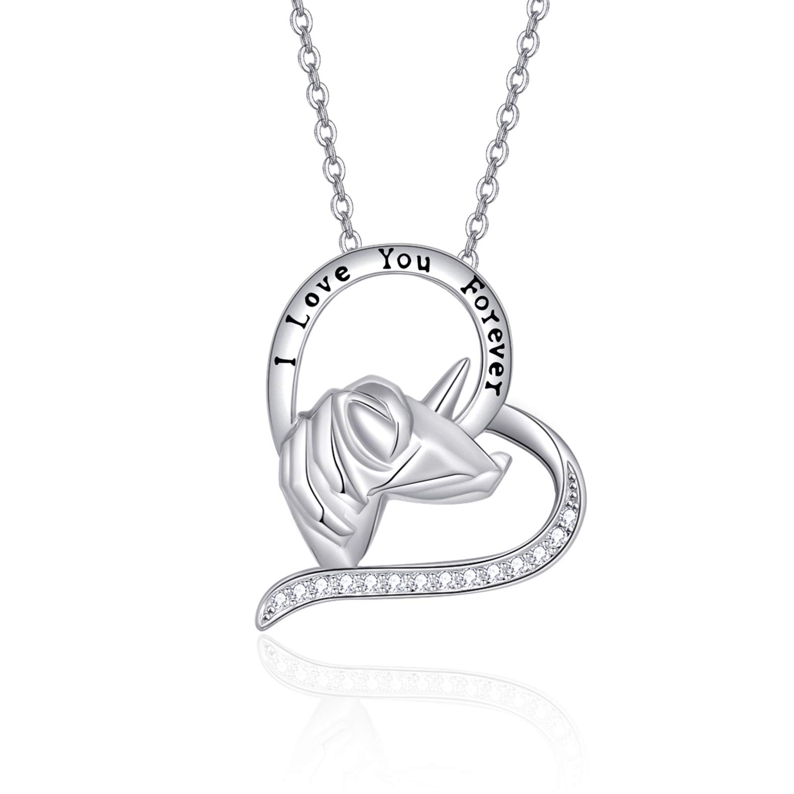 praymos Unicorn Necklace for Women 925 Sterling Silver Fairy Tales Heart Pendant Jewellery 18''+2'' Silver Chain