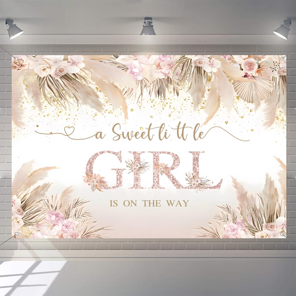 A Sweet Little Girl is on the Way Baby Welcome Backdrop Banner Pink Flowers Baby Shower Photography Background Baby Girl Welcoming Party Decorations Party Banner Fabric Sign Poster