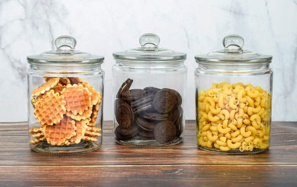 3pc Canister Sets for Kitchen Counter + Labels & Marker - Glass Cookie Jars with Airtight Lids - Food Storage Containers with Lids Airtight for Pantry - Flour, Sugar, Coffee, Cookies, etc.: Home Improvement