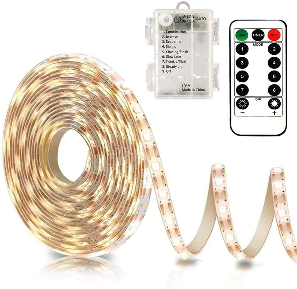 CCILAND 3m Battery LED Strip Lights with Remote Control, 90 LED Lights Strip Waterproof, 8 Modes, Dimmable, Timer, Self-Adhesive, Cuttable for Bedroom Mirror Kitchen Cabinet Patio Decor (Warm White)