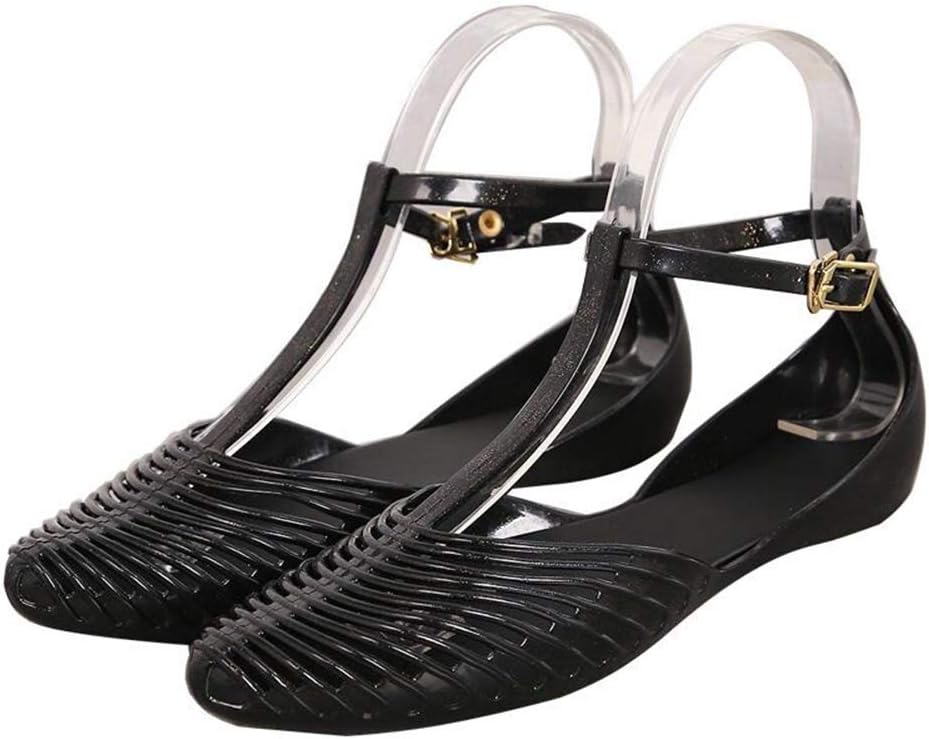 Yehopere Women's T-Strap Jelly Sandal Pointed Toe Clear Summer Beach Flat Sandals