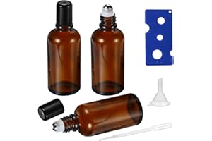 HEYLEAYAR 50ML Roller Bottles for Essential Oil, 3 Pack Empty Amber Glass Roller Bottle for Perfume Oil, Roll on Bottles with Stainless Steel Roller Balls, Opener, Funnel and Dropper