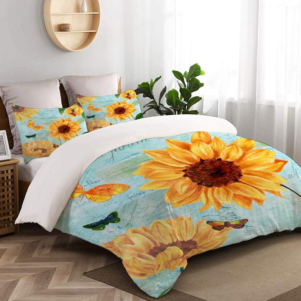 WINCAN Duvet Cover Queen Size,Hand Painted Watercolor Sunflowers and Butterflies On Teal Toned Scraps of Old Letters,Decorative 3 Pieces Bedding Set with Zipper Closure and 2 Pillow Shams (90" 90")