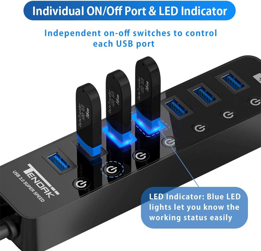 USB Hub 3.0, Tendak 7-Port USB Hub (7 USB 3.0 Data Ports + 1 USB Smart Charging Port) with 5V/4A Power Adapter Individual On/Off Switches for Mac Laptop HDD Disk: Computers & Accessories