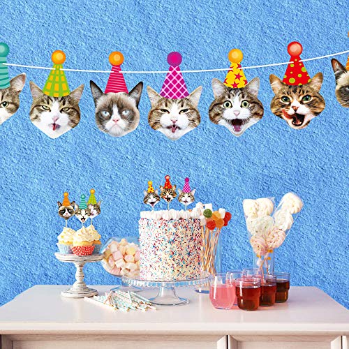Cat Party Supplies Cat Birthday Garland Banner Cake Toppers Photographic Cat Faces Birthday Cake Banner Decorations Birthday Party Bunting Banner Decor - Thumbnail 4
