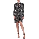 BCBGMAXAZRIA Womens Mini Cocktail Dress Fit and Flare Long Sleeve V Neck Tie Shirred Tulip Skirt Dresses