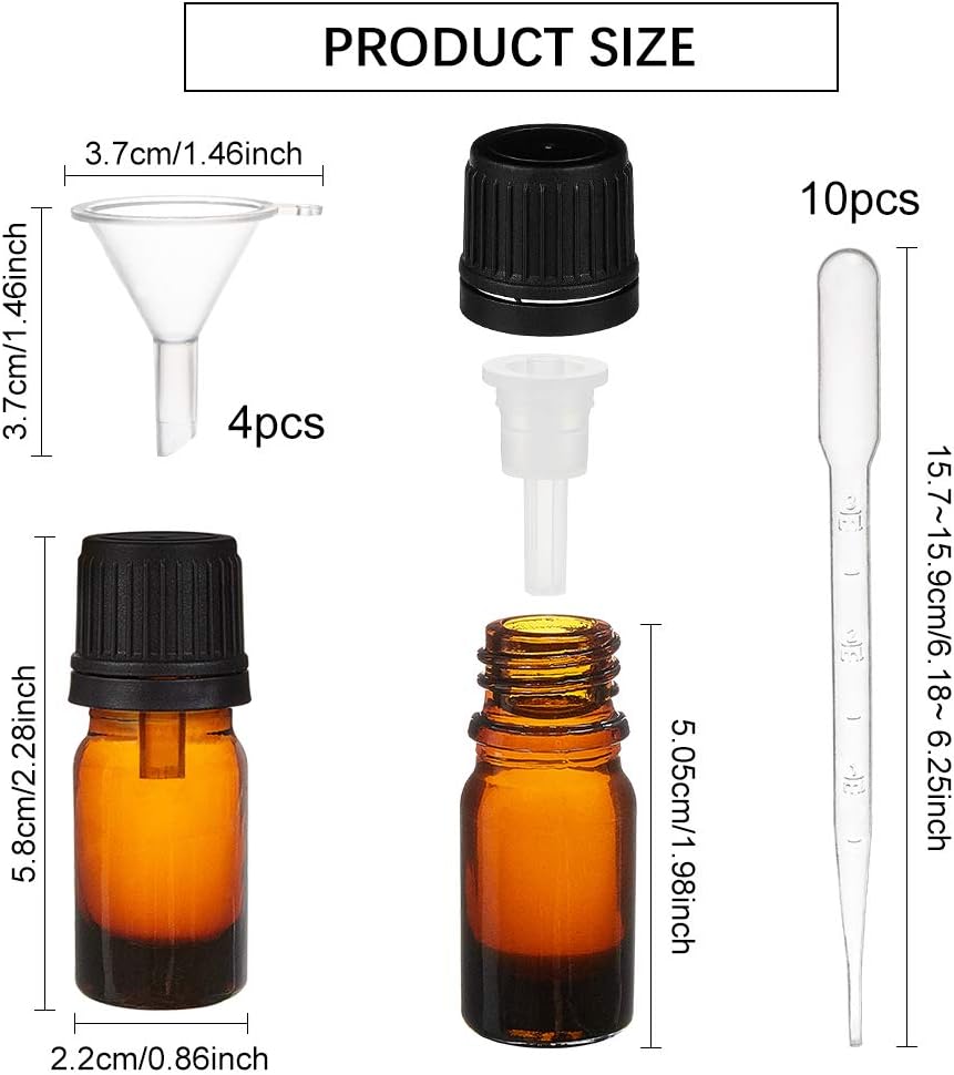 BENECREAT 24 PACK 5ml Amber Glass Bottle with Orifice Reducer Refille Empty Essential Oil Bottle with 10PCS Droppers - Image 3