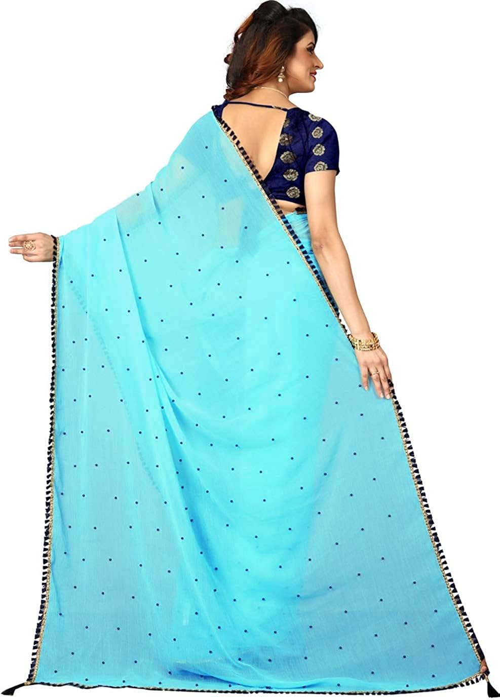 dharmi enterpris georgette lace and moti work women saree with blouse