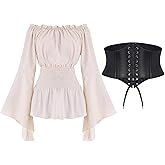 Hmxpls Women Renaissance Blouse Top Corset Waist Belt, Pirate Corset Shirt, Medieval Costume Off Shoulder Peasant Shirt