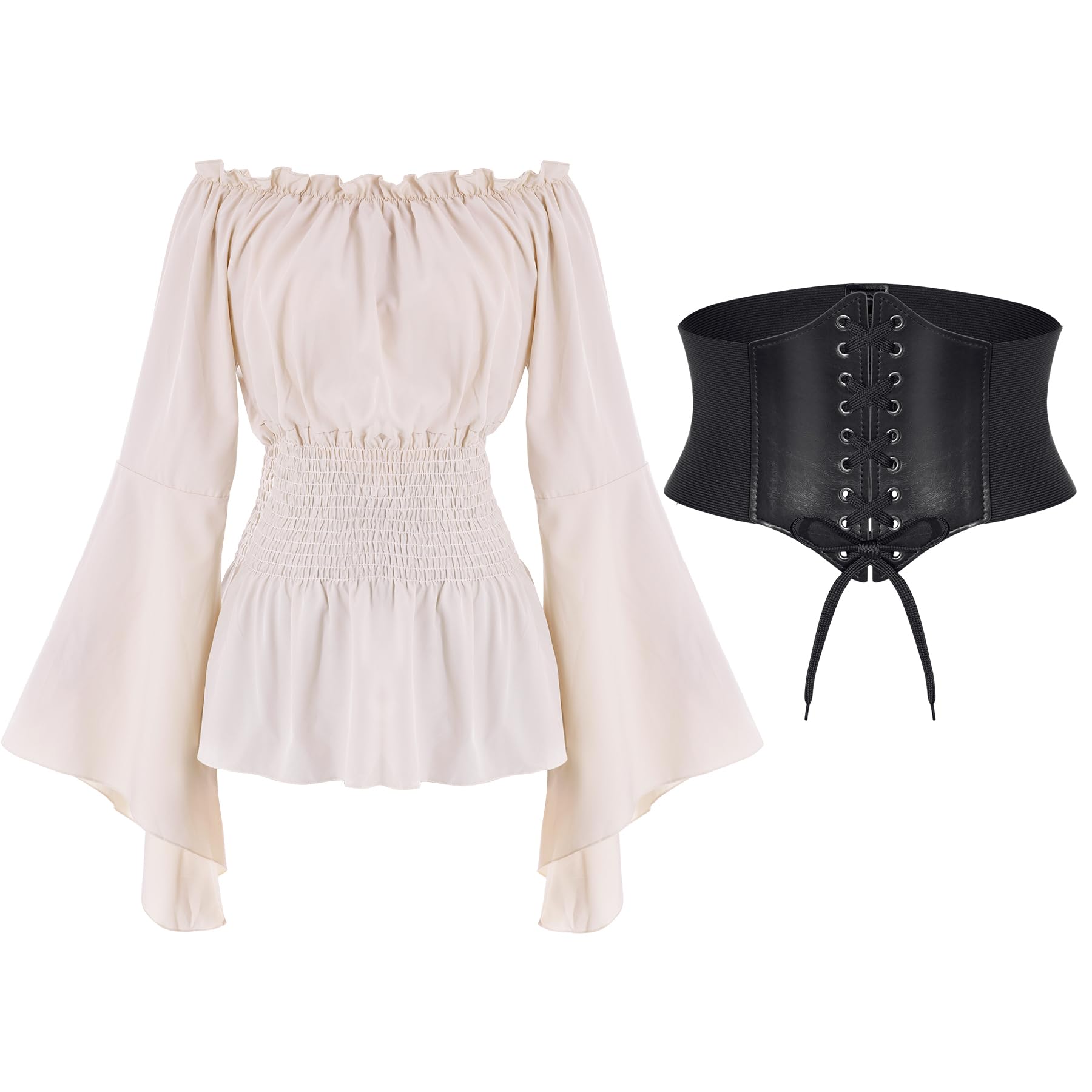 Photo 1 of ***BLOUSE ONLY*** Women Renaissance Blouse Top with Corset Waist Belt, Pirate Corset Shirt, Medieval Costume Off Shoulder Long Sleeve Peasant Shirt Beige L 