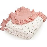 Muslin Ruffled Baby Blanket, Extra Large 52 x 52 Inches, Soft Breathable Cotton Crib Blanket for Newborn Infant Toddler (Blush Meadow-Ruffled, Printed)