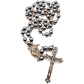 Nazareth Store Hematite Rosary Beads Black Stone Catholic Rosary Necklace with Jerusalem Holy Soil & Cross Antique Religious Rosaries Beads Collection