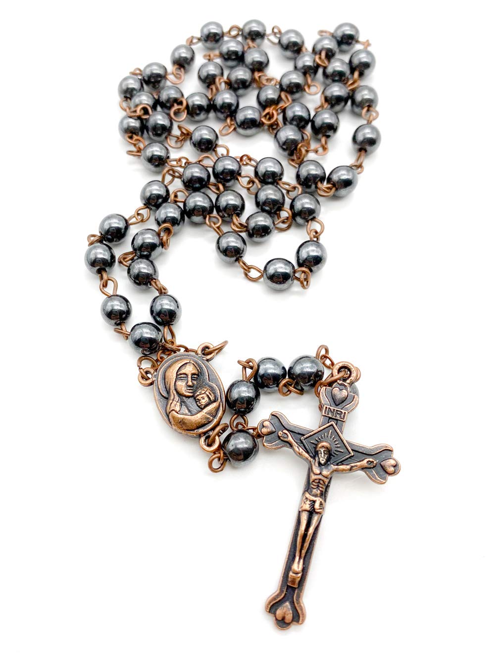 Nazareth Store Hematite Rosary Beads Black Stone Catholic Rosary Necklace with Jerusalem Holy Soil & Cross Antique Religious Rosaries Beads Collection, 18", Stone, No Gemstone
