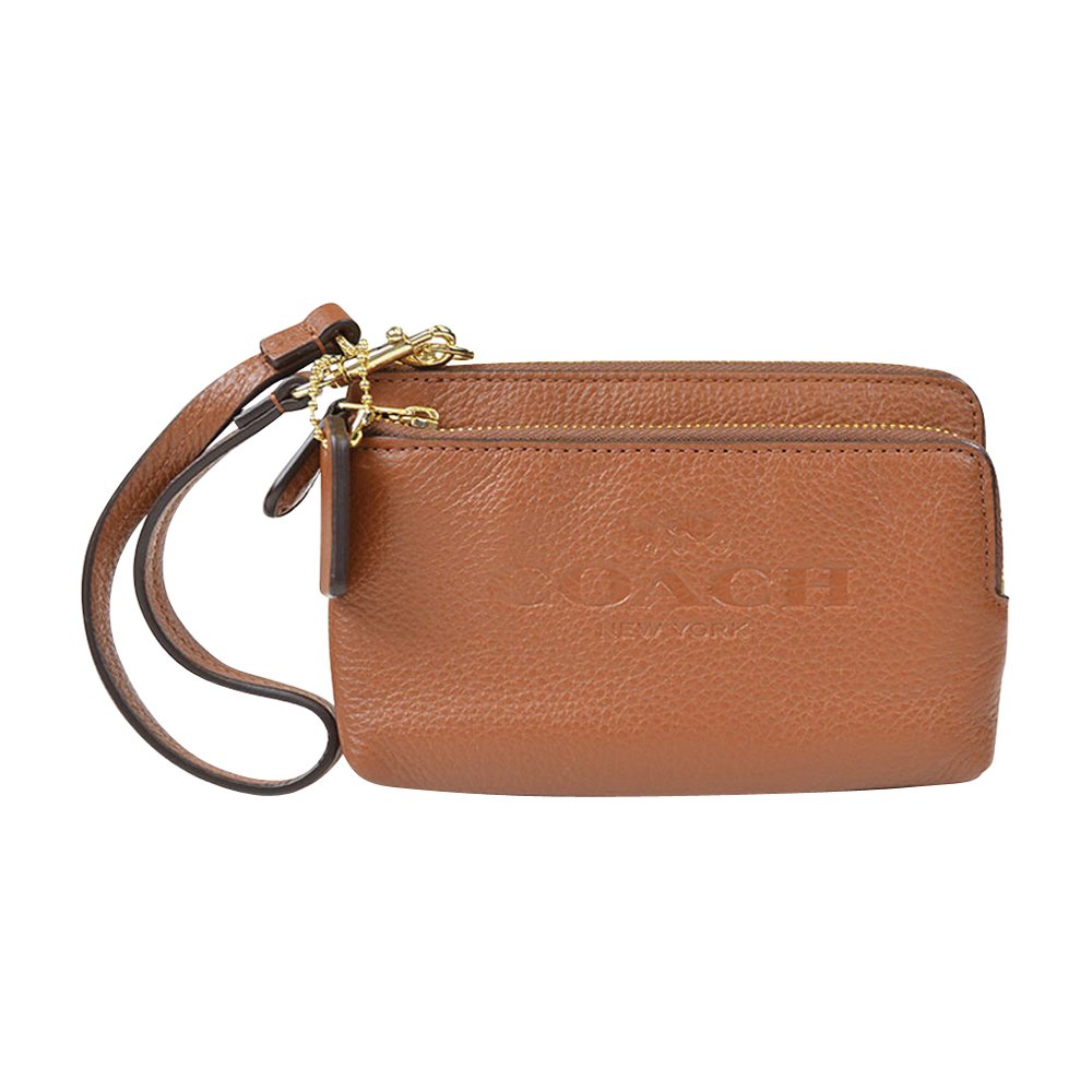 Coach Saddle Pebbled Leather Double Corner Zip Wristlet Wallet Phone