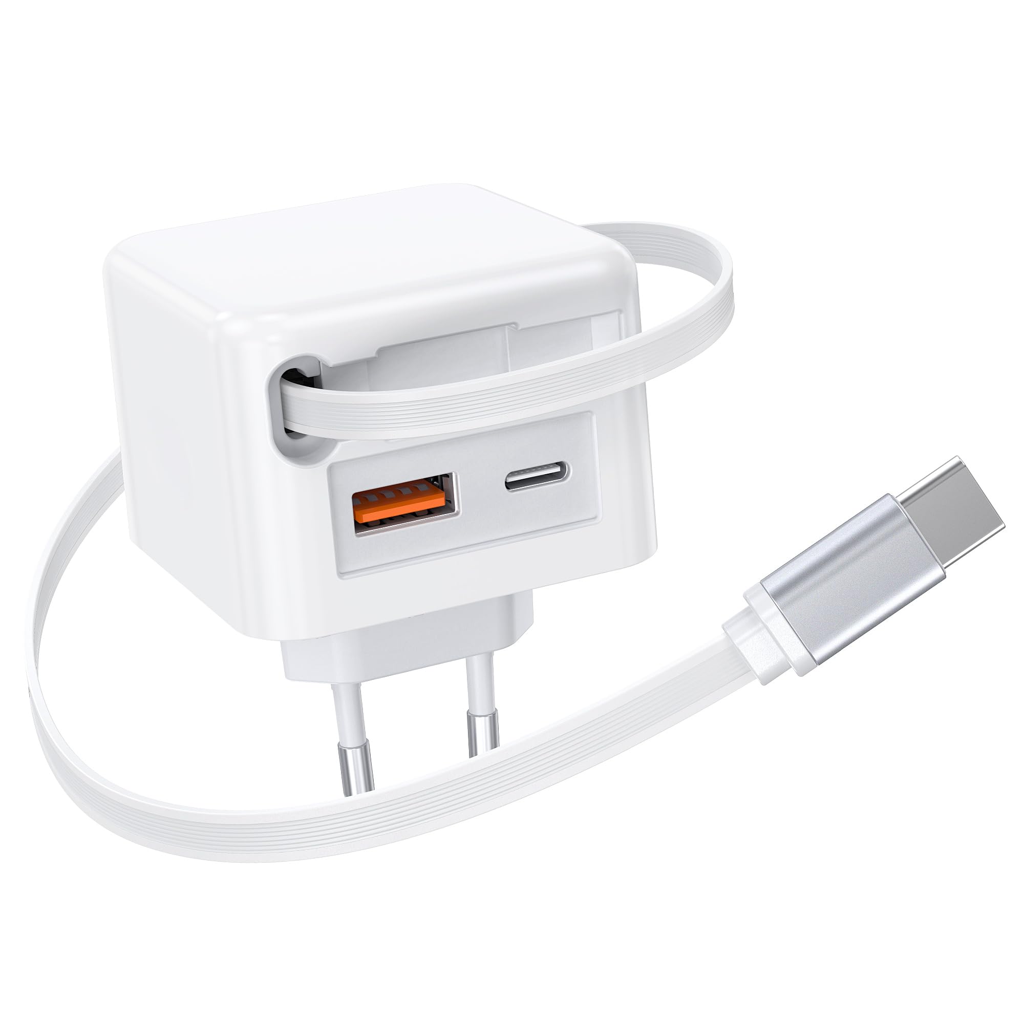 40W USB C Ladegerät mit Einziehbarem Kabel, 3-Port Schnellladegerät PD Netzteil USB C Adapter, Tragbarer Ladestecker für iPhone 17/16/15/14 Pro Max, Galaxy S25/S24/S22, iPad, Switch, Handys usw