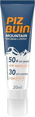 Piz Buin Mountain Sun Cream 50 SPF + Batom 30 SPF (20 ml), produto 2 em 1 com proteção solar para esportes de alta montanha, protetor solar facial 50 e protetor labial 30