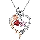 Zoeniya Valentine's Day Gifts for Women Heart Rose Butterfly Birthstone Pendant Necklaces 18k White Gold Plated Jewelry Anniversary Birthday Gifts Women Girlfriend Wife Mom Grandma