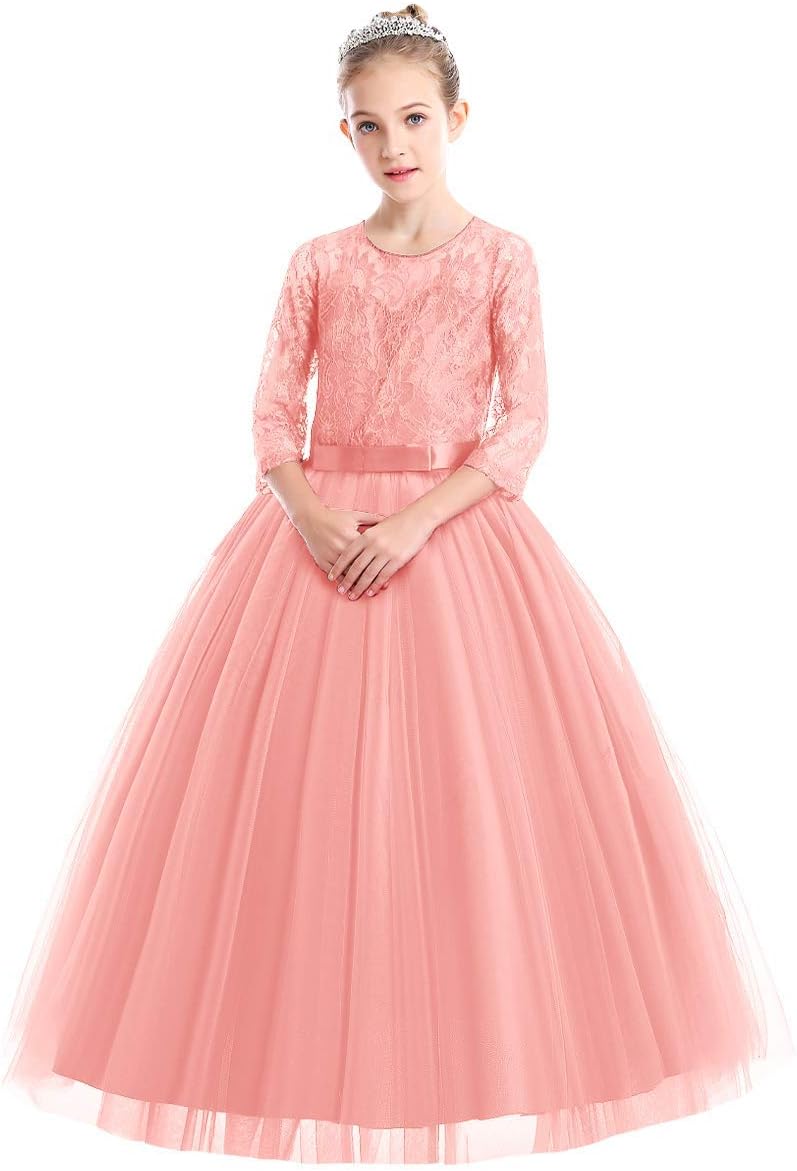 IWEMEKFlower Girls 3/4 Sleeve Floral Lace Tulle First Communion Pageant Dresses Kids Big Girls Princess Birthday Carnival Christmas Bridesmaid Wedding Party Prom Ball Gown 2-14 Years