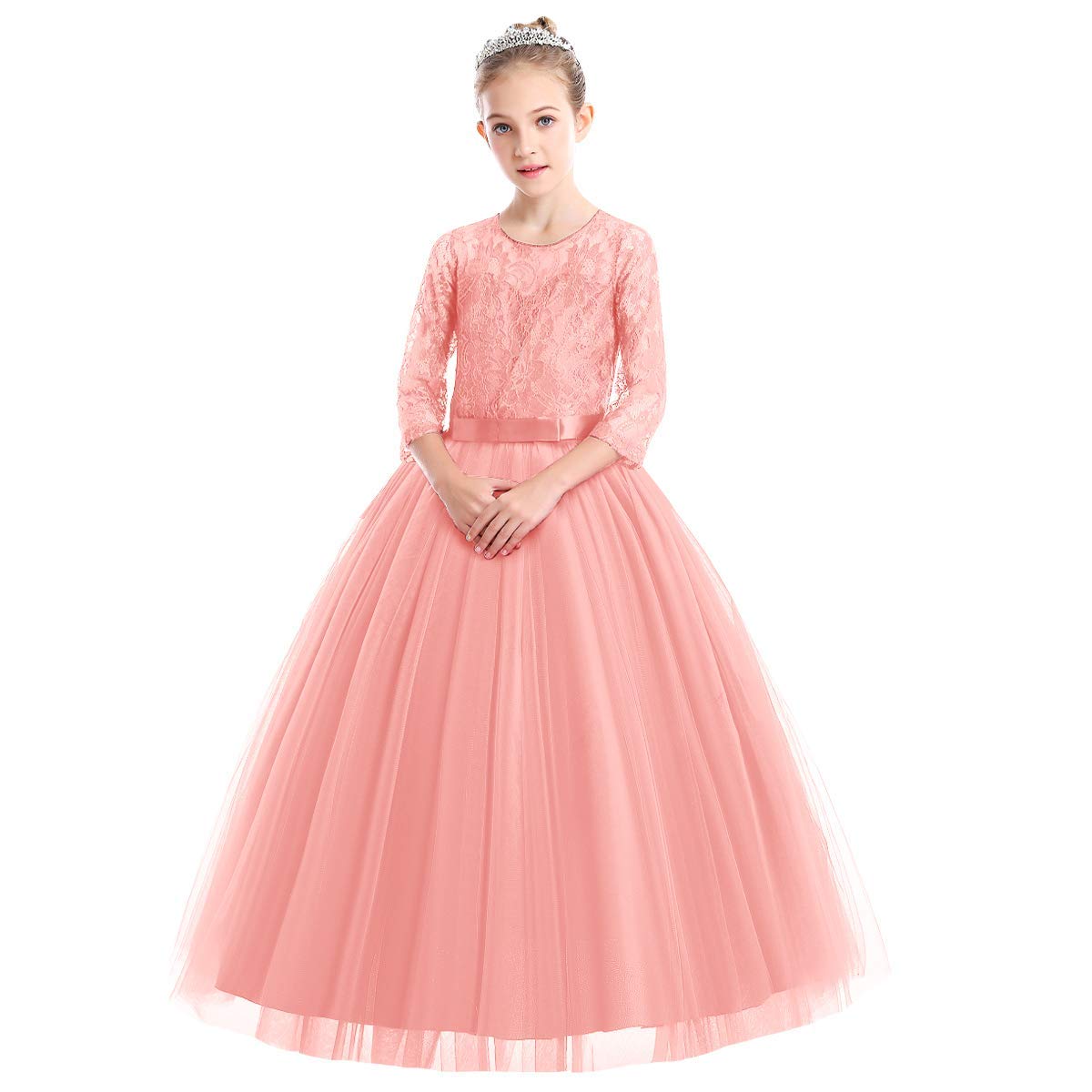 IWEMEKFlower Girls 3/4 Sleeve Floral Lace Tulle First Communion Pageant Dresses Kids Big Girls Princess Birthday Carnival Christmas Bridesmaid Wedding Party Prom Ball Gown 2-14 Years