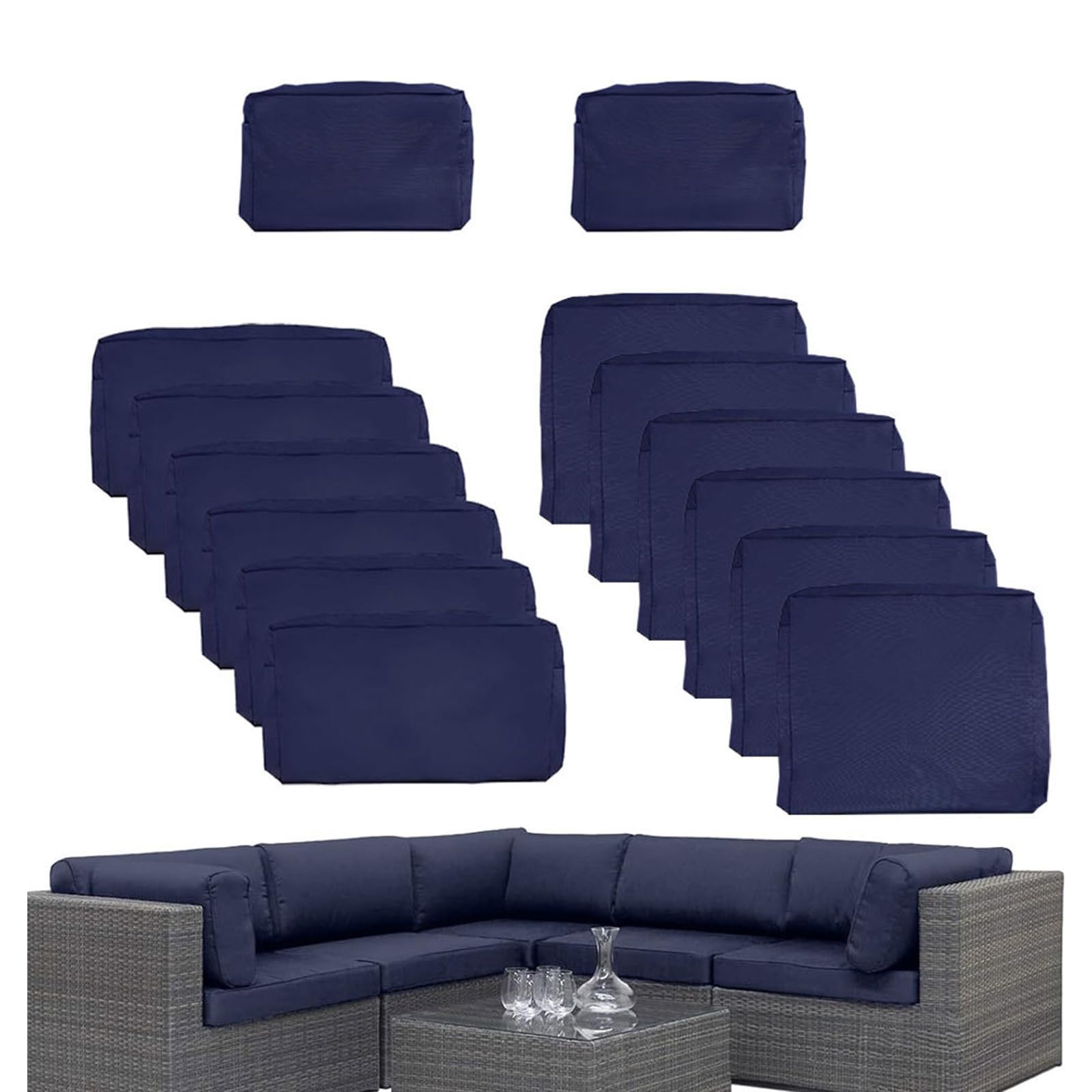 Photo 1 of 14 Pcs Outdoor Patio Furniture Cushion Covers Replacement, 25.5x25.5x4 inch Waterproof Cushion Covers for Outdoor Furniture, 3 Sizes Patio Sofa Couch Slipcovers with Zippers, Covers Only (Navy Blue)