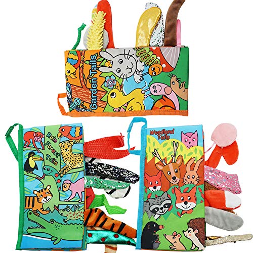Here-Fashion-Pack-of-3-Soft-Animal-Tails-Cloth-Books-for-Babies-Colorful-Animals-Stereoscopic-Tails-Cloth-Books-for-Babys-Early-Learning-Education-Book-Woodland-Rain-Forest-Garden-Tail