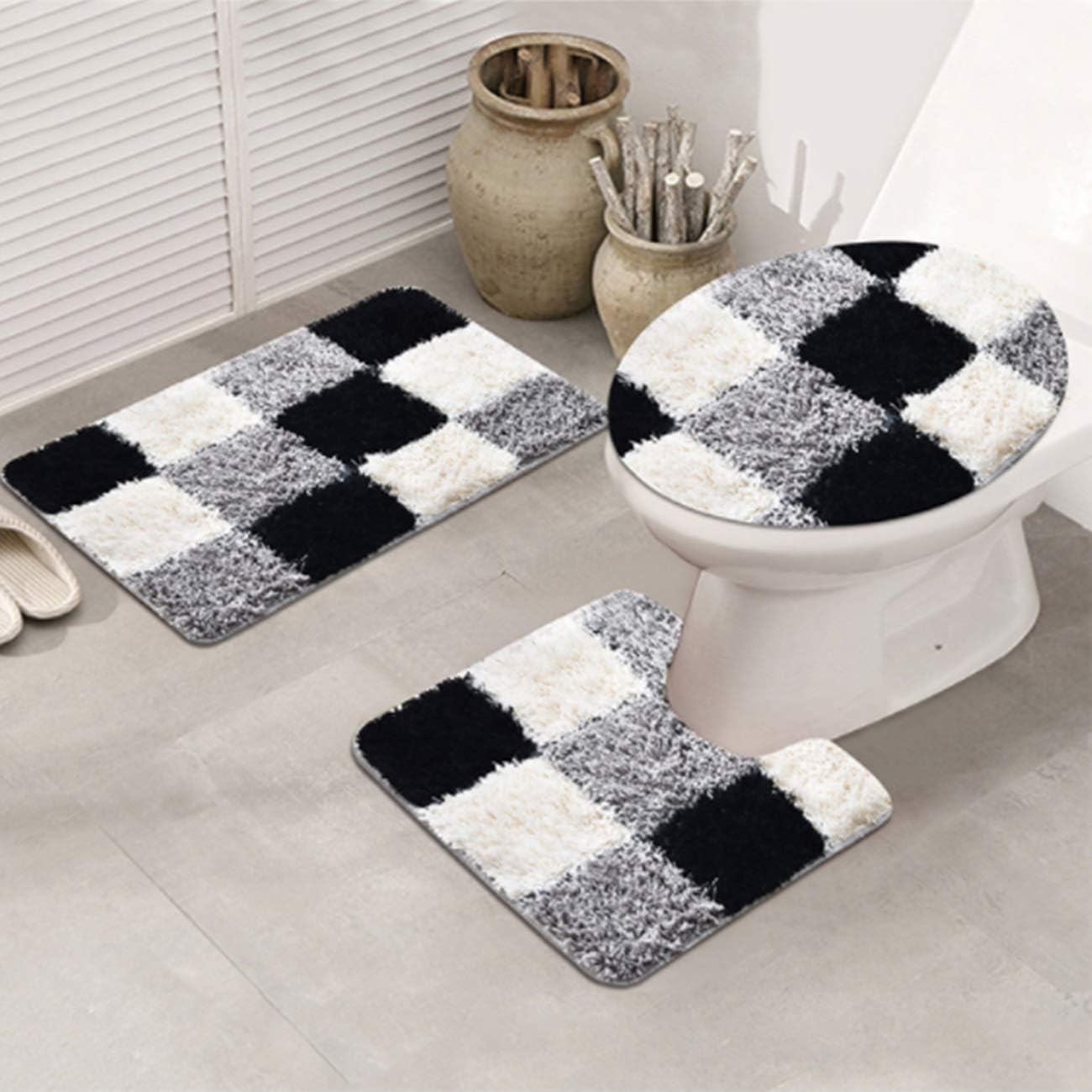 Xuanmuque 3 Pack Bathroom Toilet Rug Set, Luxury Soft Microfiber Shaggy Non Slip Plaid Bath Mat Carpet Set for Bathroom U-Shaped Contour Rug, Bath Mat and Lid Cover