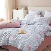 Erwinmu Girls Duvet Cover Set Queen Size Pink Bowknot and Blue Gingham Printed Design,Cozy Bedding Set 3pcs Simple and Elegant Style,Microfiber Comforter Cover with Zipper Closure and 2 Pillowcases