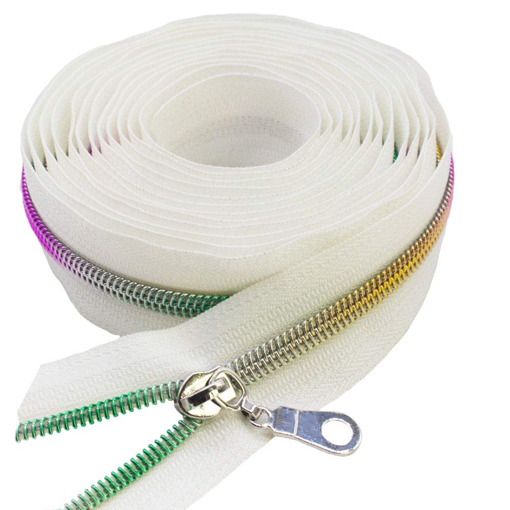 MebuZip #5 Colorful Metallic Nylon Coil Zippers by The Yard Bulk Coil Zipper Roll 10 Yards with 25pcs Pulls for DIY Sewing Craft Bags (White)