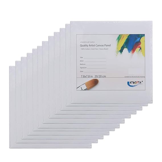 Atworth Art Canvas Panel Bretter für Öl Acryl Malerei – Pre Gespannte Leinwand Boards 12 Stück, baumwolle, weiß, 20x20cm, 12-
