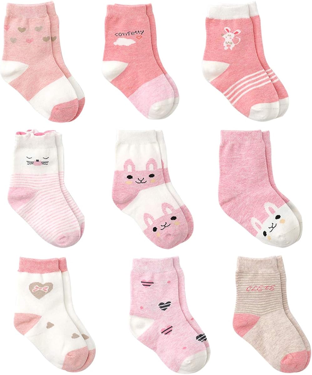 Pink Cotton Baby Girl Socks, 9 Pairs Cute Newborn Girl
