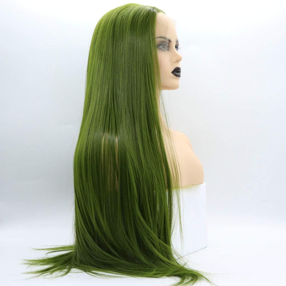 13x3" Pre Plucked Long Straight Colorful Wigs for Women Natural Looking Heat Resistant Fiber Synthetic Lace Front Wigs for Replacement/Party/Cosplay/Costume/Daily Use (Olive Green) - Image 4