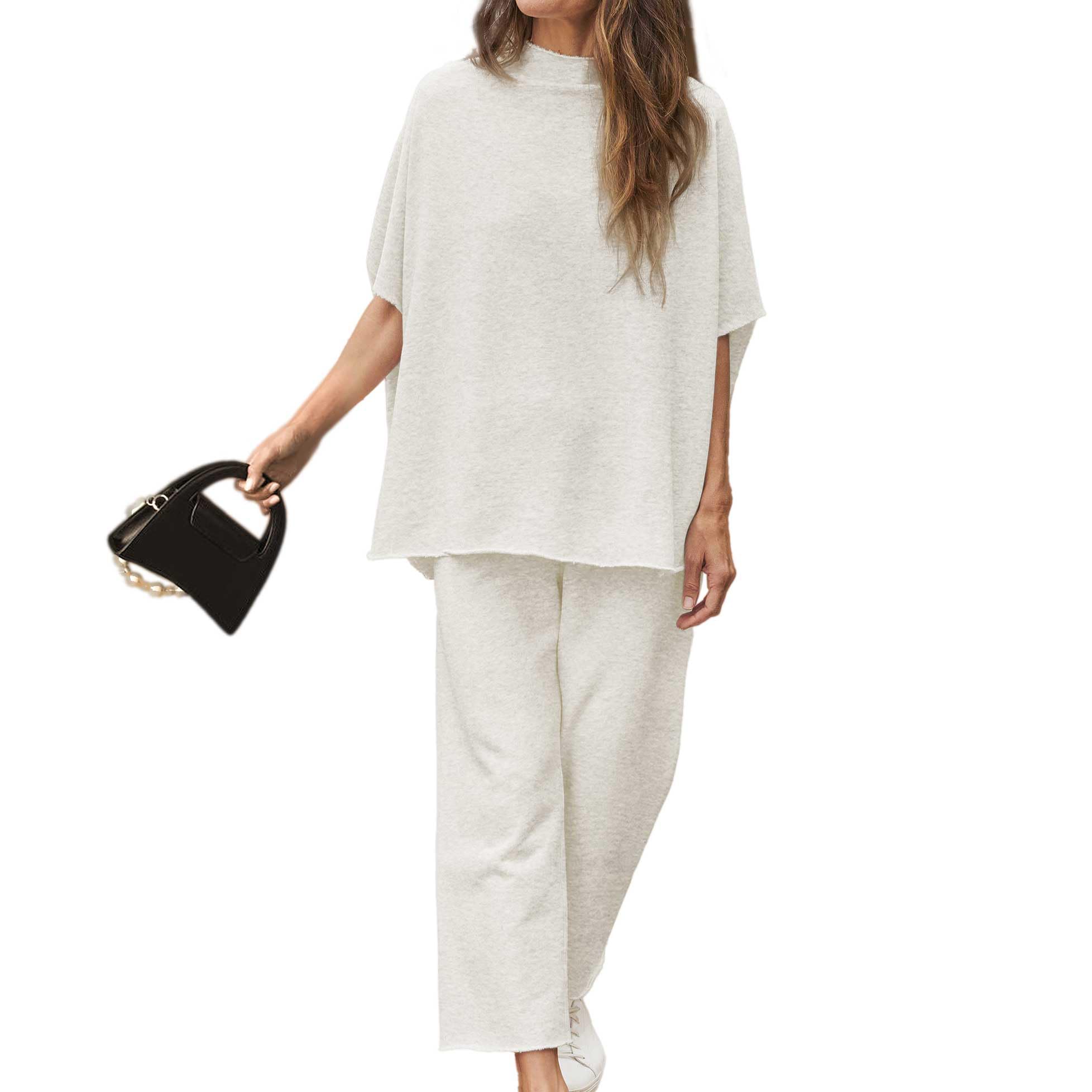 SeeLuNa Women's Two Piece Outfits 3/4 Batwing Sleeve Capelet Crew Neck Pullover Top Wide Leg Pants Lounge Set(Light Gray,L)