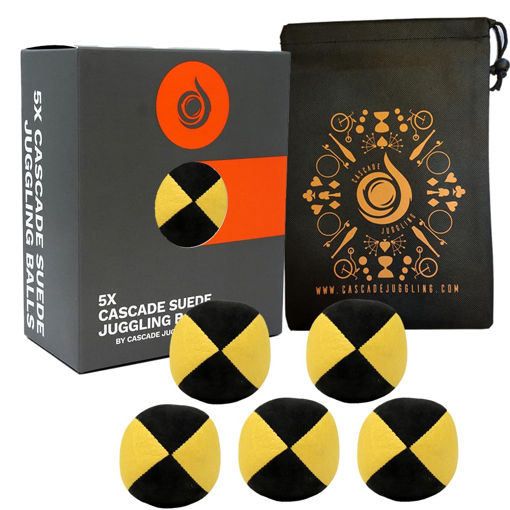 5 x Pro 110g Cascade Suede Juggling Balls - Quality Thud Juggling Balls & Bag - Set of 5 Juggling Balls (Yellow and Black)