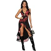 WDIRARA Women's Halter Cut Out Dress Floral Cheetah Print Asymmetrical Hem Sexy High Slit Mesh Ruffle Dresses