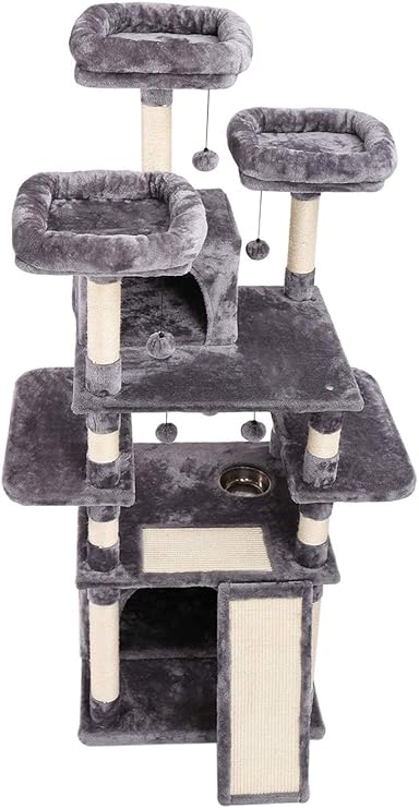 cat tree with food bowl