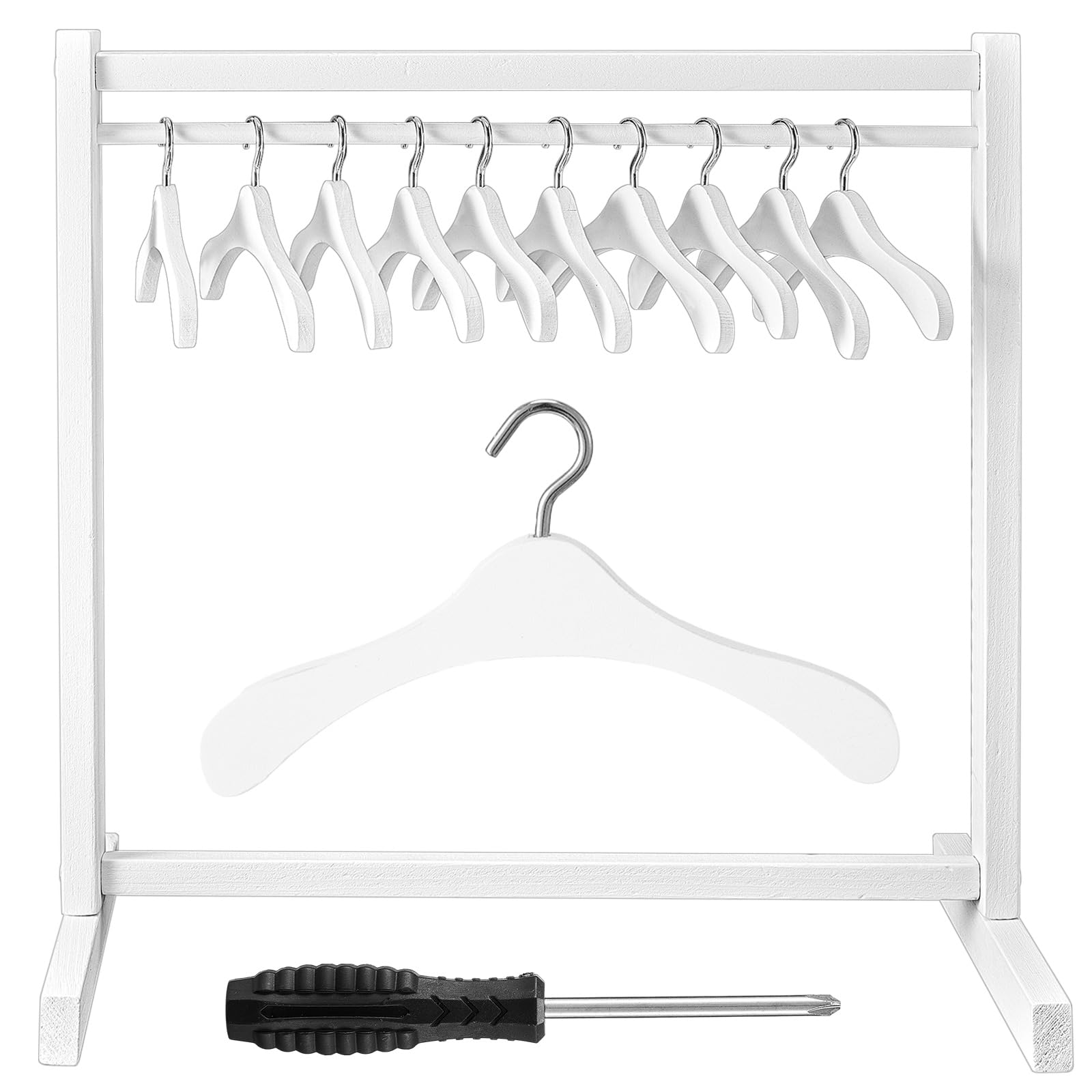 Photo 1 of Civaner Doll Garment Rack with Wooden Clothes Hanger for 18 Inch Girl Doll Clothes Mini Hangers Wardrobe Furniture Accessories for Dollhouse Baby Shower Supplies(White)