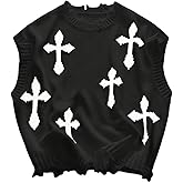 BEAUDRM Men's Cross Print Sweater Vests Y2k Ripped Crew Neck Sleeveless Casual Knit Tops Streetwear