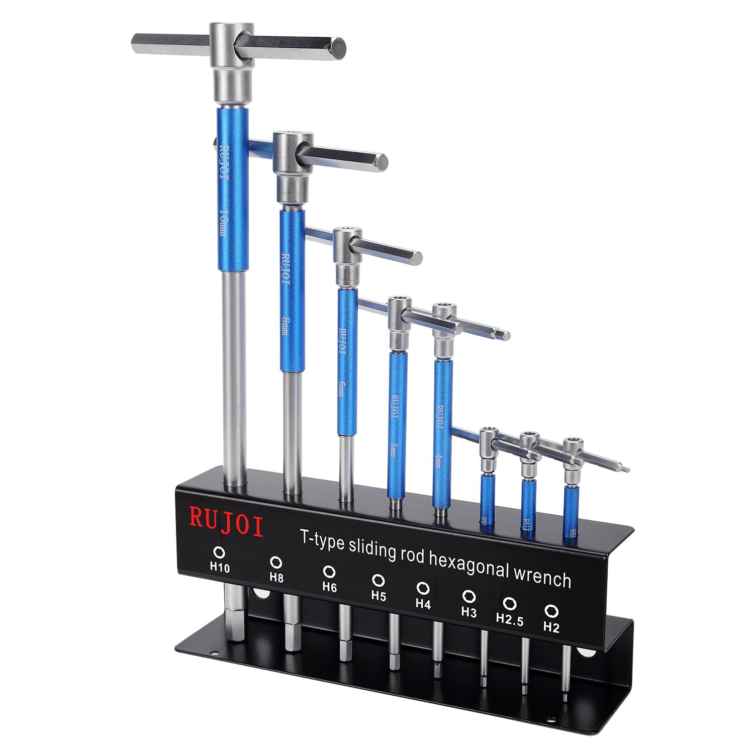 RUJOI 8‑Piece Metric T‑Handle Allen Key Set (2‑10 mm) – Sliding Spinning Sleeve, Long Reach Bars, Chrome Vanadium, Wall‑Mount Rack for DIY & Workshop