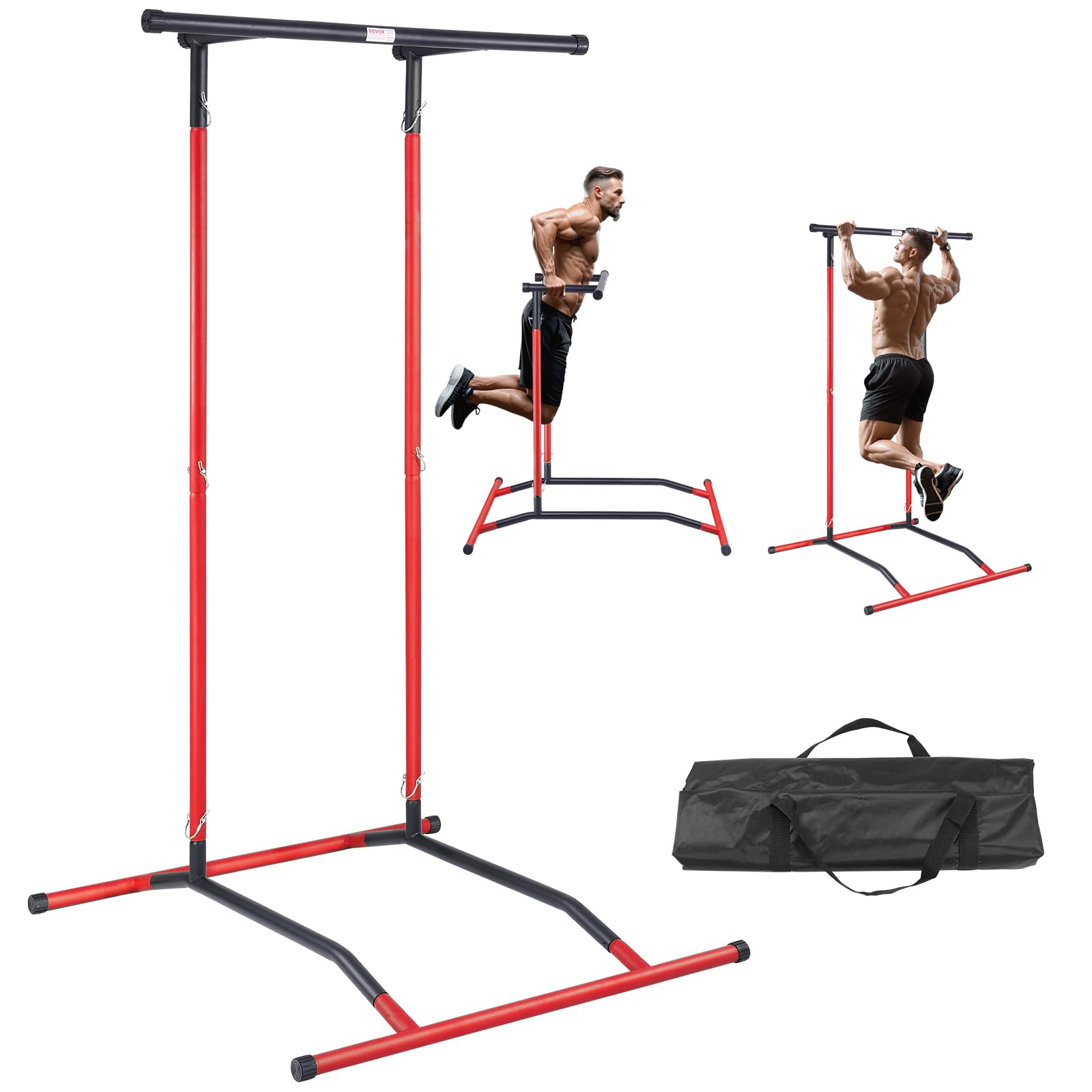 Photo 1 of VEVOR Power Tower Dip Station, 2-Level Height Adjustable Pull Up Bar Stand, Multi-Function Strength Training Workout Equipment, Home Gym Fitness Dip Bar Station, 220LBS Weight Capacity, Black & Red