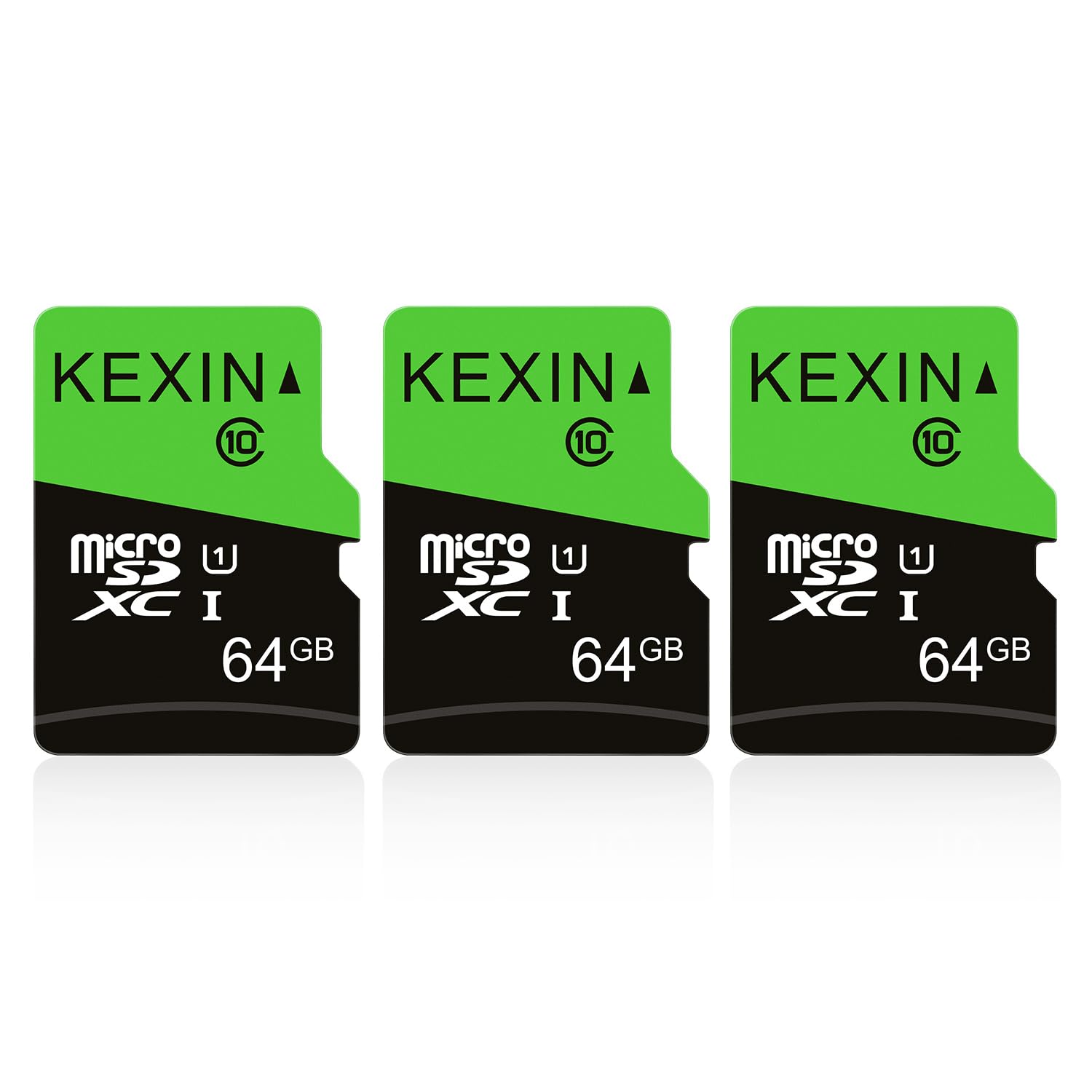KEXIN 64GB Micro SD Card 3 Pack Microsd Memory Card UHS-1, Class 10 MicroSDXC TF Card 64 GB SD Card with SD Adapter for Phones, Monitor, Drone, Dash cam, Fire Table, Switch (C10, U1, Black Green)
