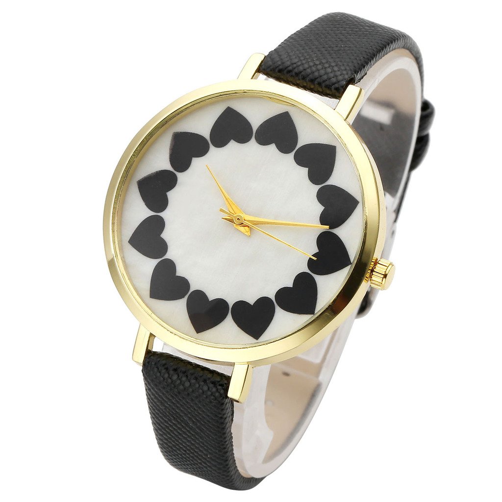 Top Plaza Heat Petals Dial Golden Alloy Case Small PU Leather Strap Analog Quartz Wrist Watch for Gilrs Women-Black