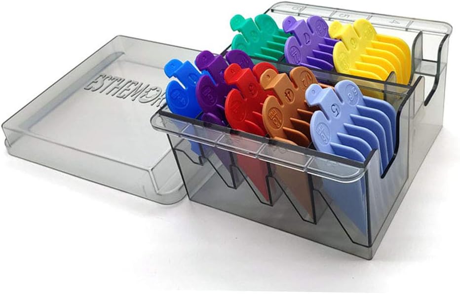 9 Pcs Professional Hair Clipper Combs Guides with Dustproof Organized Tray, Wahl Replacement Guards Set #3171-400 – 1/8” to 1” Fits Most Size Wahl Clippers/Trimmers, Random Colors