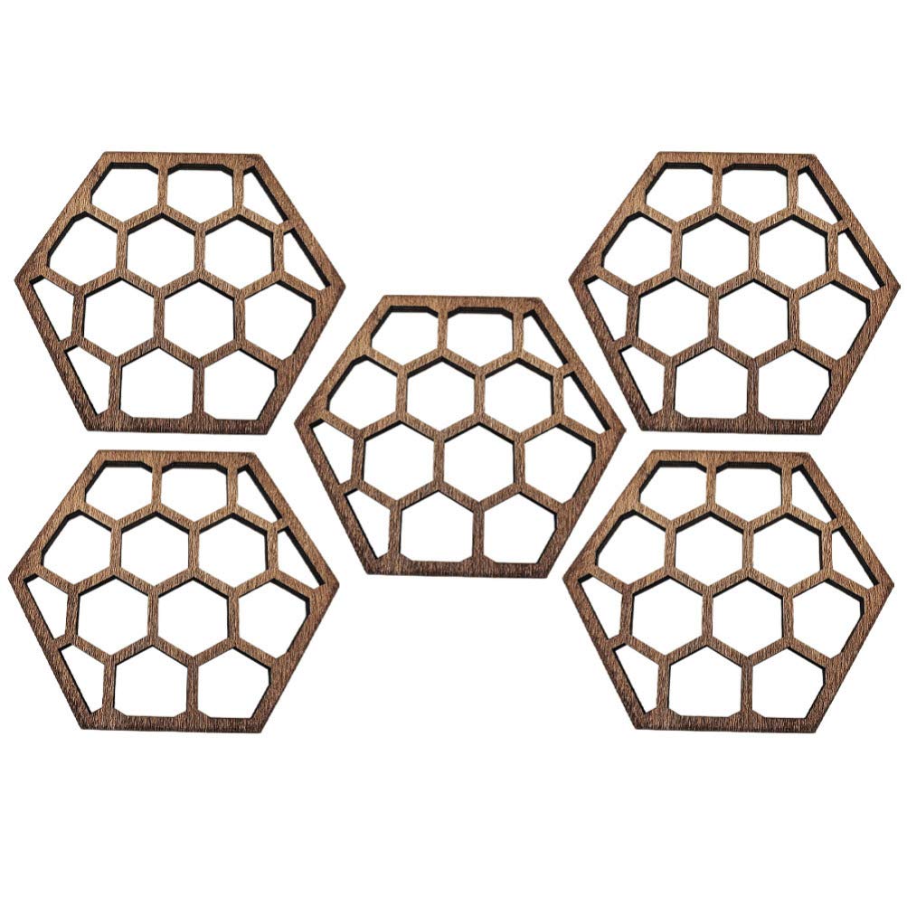 5Pcs Bee Day Wooden Coaster Hollow Wooden Cup Cushion Honeycomb Design Cup Pad Wall Art Decoratiob for Bee Lovers Collection Housewarming Coffee