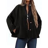 Yousify Womens Cropped Wool Blend Pea Coat Casual V Neck Button Down Short Jackets Fall Shackts with Pockets