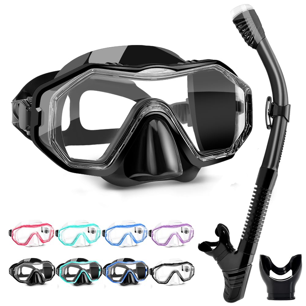 HINATAA Dry Snorkel Set, Multi-Colors 180° View Anti-Fog Diving Goggle and Silicone Anti-Leak Dry Snorkel Tube, Profession Snorkeling Gear, Easy Breath Snorkel Mask for Adult and Teenagers (Black)