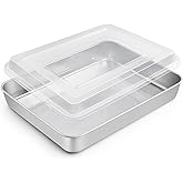 TeamFar Rectangular Cake Pan with Lid, 10.5’’ Stainless Steel Small Lasagna Baking Roasting Brownie Pan, Non-toxic & Deep Side, Brushed Surface & Dishwasher Safe, 2 PCS