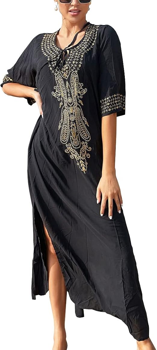 Women's Embroidered Beach Skirt Loose Bikini Coverall Quick-Drying V-Neck Leisure Sun Protection 