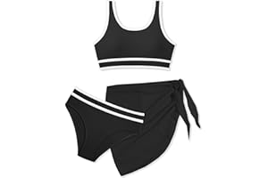 MELEYISH Girls Swimsuit Double Strap High Waist Sporty Bikini Swimsuits Swim Cover Up Skirt 3 Piece Set