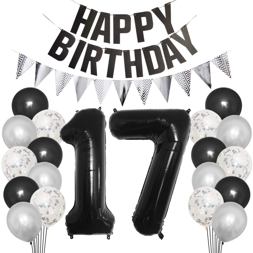 Borsgye 17th Birthday Party Decorations Set for Girl Boy Women Men Black HAPPY BIRTHDAY Letter Banner Silver Sparkly Glitter Traingle Banner Confetti Latex Balloons with Black Giant Number 17 Balloon